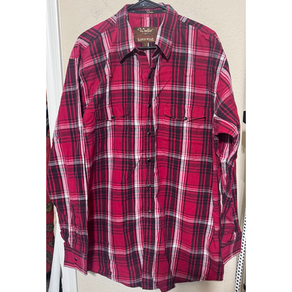 Vintage Walls Ranch Wear Western Pearl Snap Shirt Men's L red black plaid rodeo